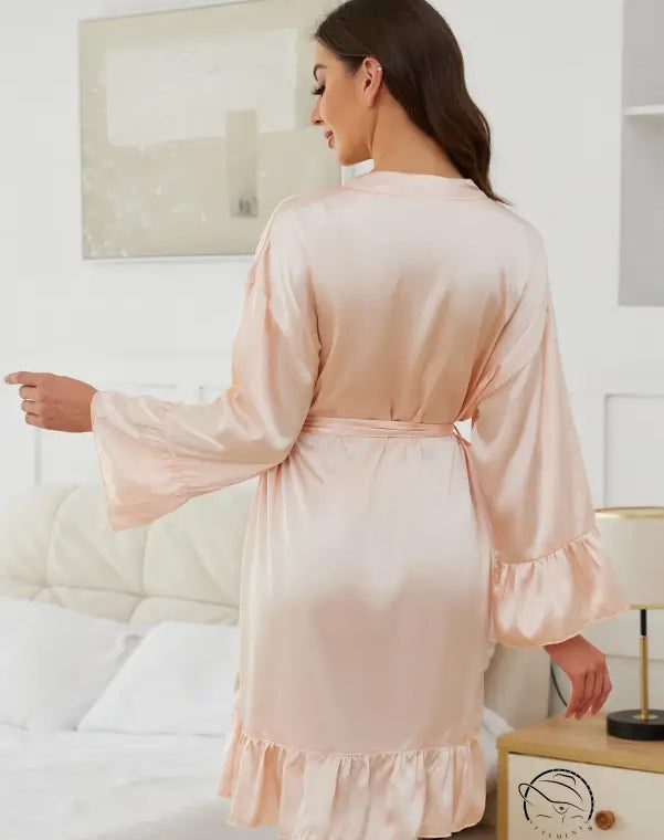 Light pink satin short robe with long sleeve ruffled fashion design