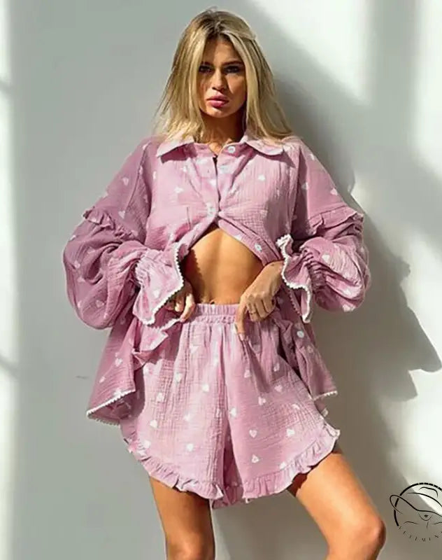 Pink cotton gauze pajamas set with white heart print and ruffles