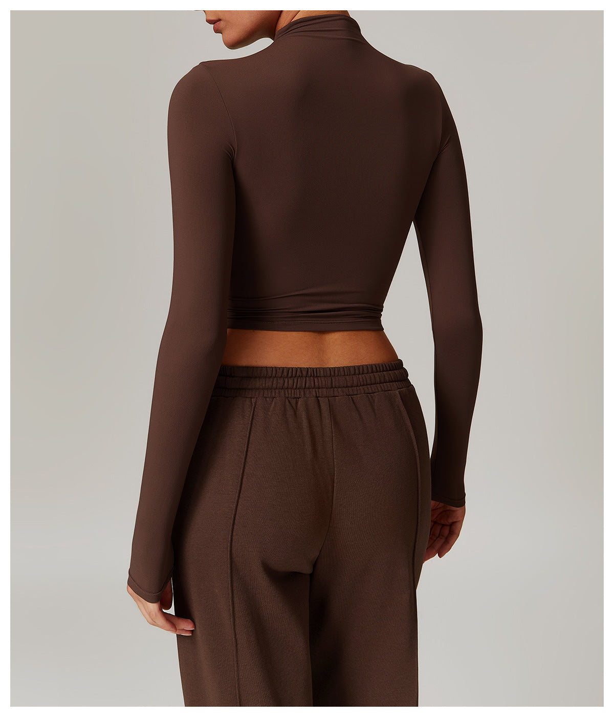 Brown cropped turtleneck long sleeve top for quick drying fitness fashion ملابس