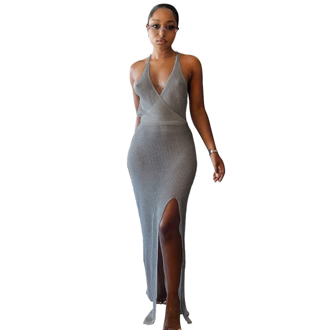 Sleeveless Gray Knitted Beach Maxi Dress with Thigh-High Slit, Perfect for Summer Beachwear