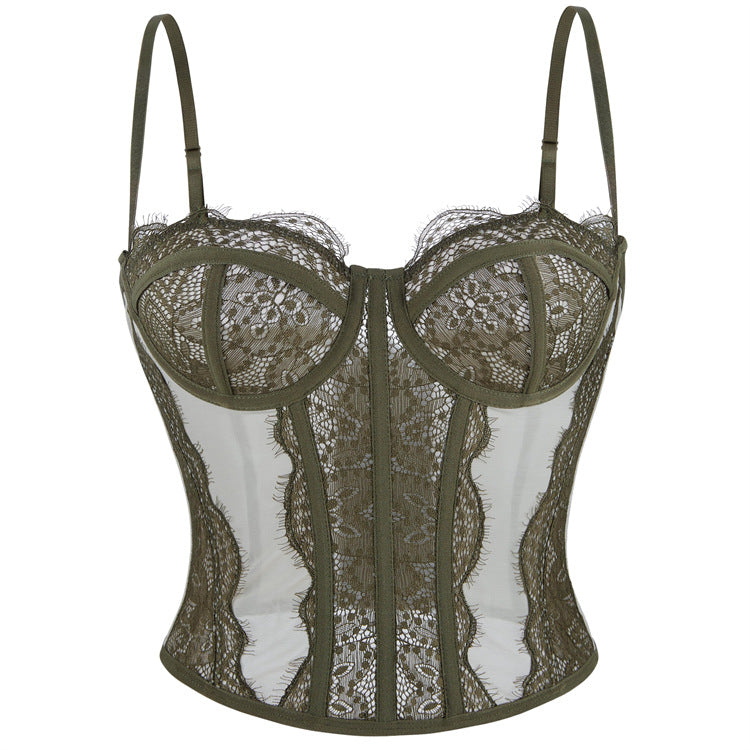 Langry olive green lace corset camisole bra with mesh panels