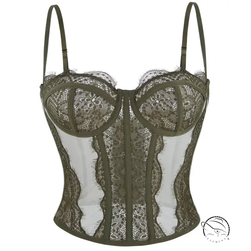 Olive green lace langry camisole top bra with adjustable straps and mesh panels