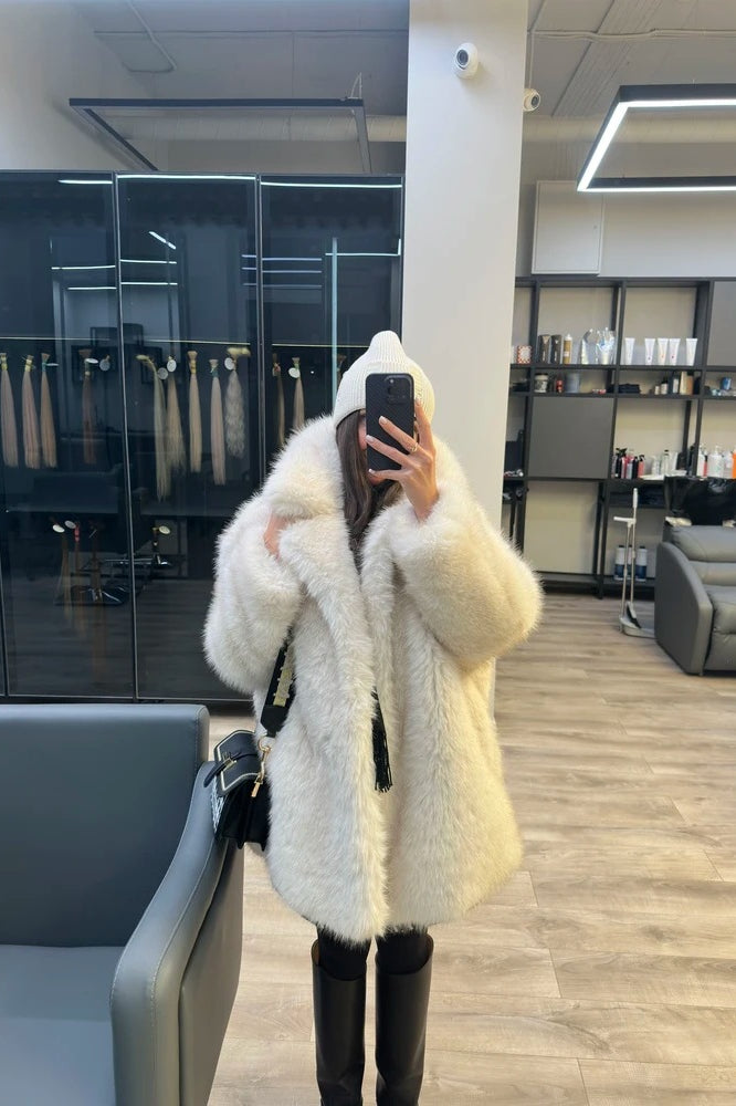 Langry Warm Collar Mid-Length Faux Fur Jacket with Black Trim