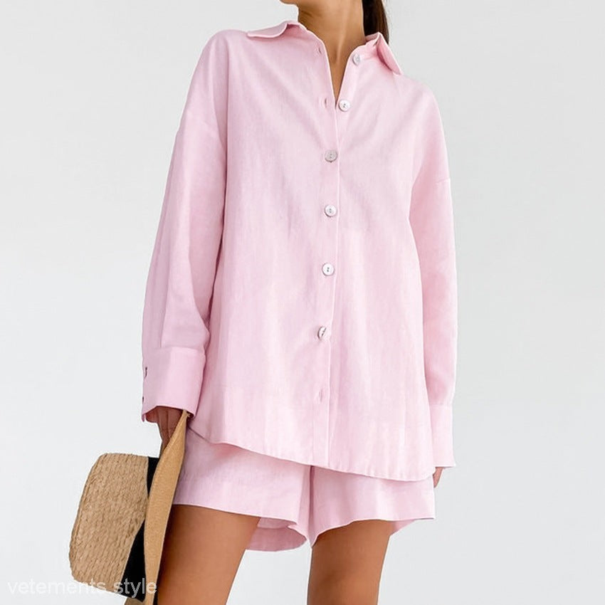 Stylish Pink Linen Shirt and Shorts Set from COTTON LINEN PAJAMAS SUIT collection