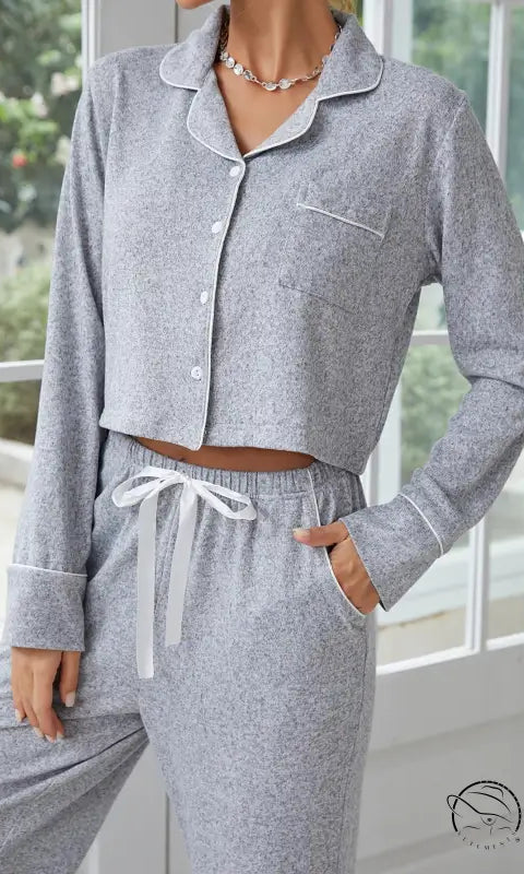 Women’s heather gray langry home wear pajama set with white piping