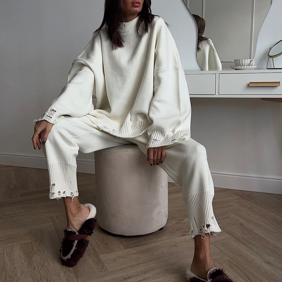 Winter Knitted Ankle Tight Pants Turtleneck Sweater Set