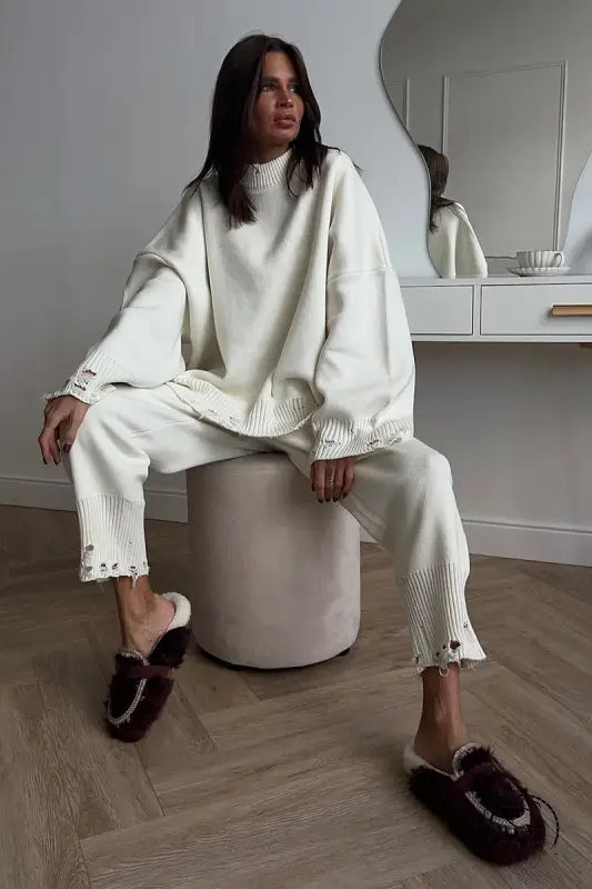 Winter Knitted Ankle Tight Pants Turtleneck Sweater Set