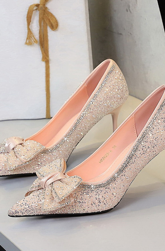 Langry fashion gold glitter stiletto pumps with bowknot rhinestone detail