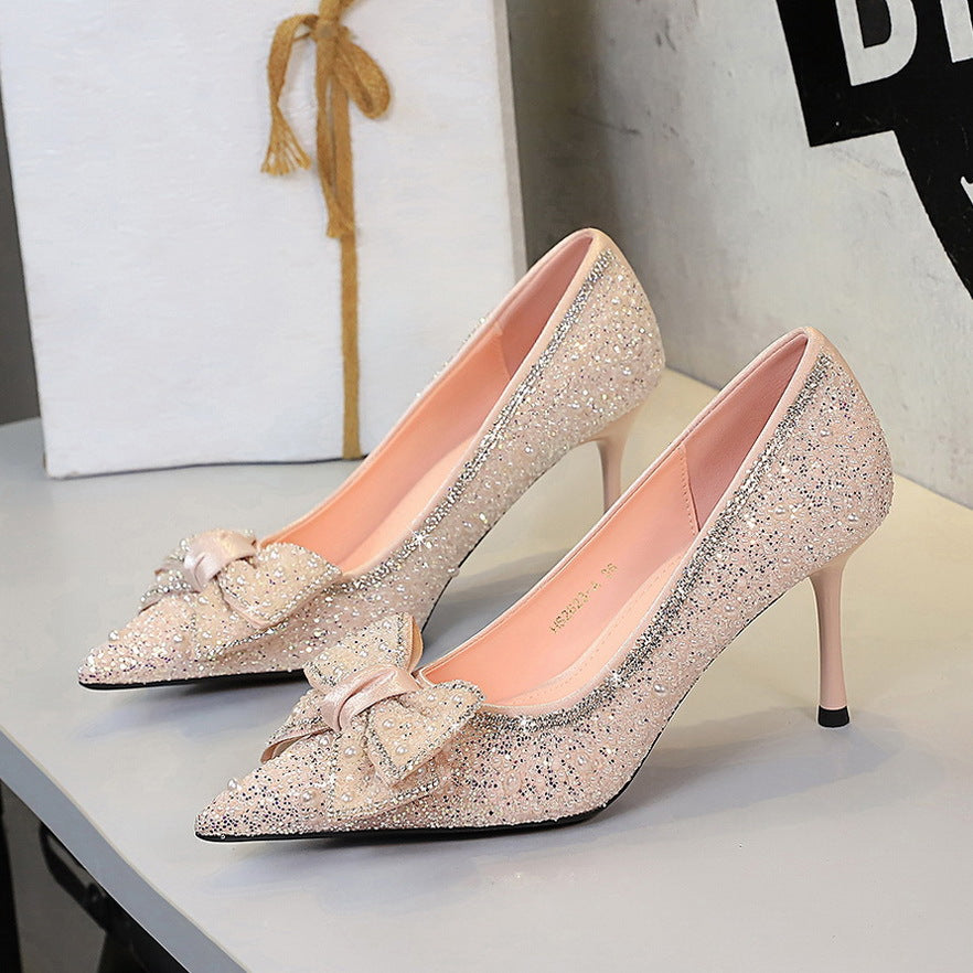 Langry fashion gold glitter stiletto pumps with bowknot rhinestone detail