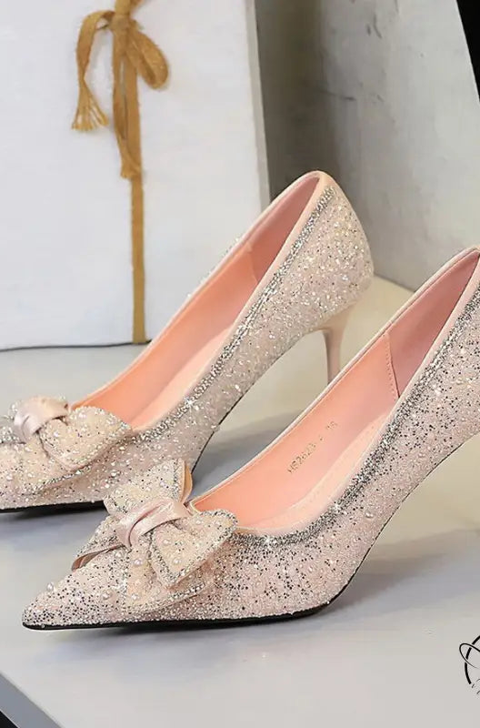 Langry fashion gold glitter stiletto pumps with bowknot rhinestone detail