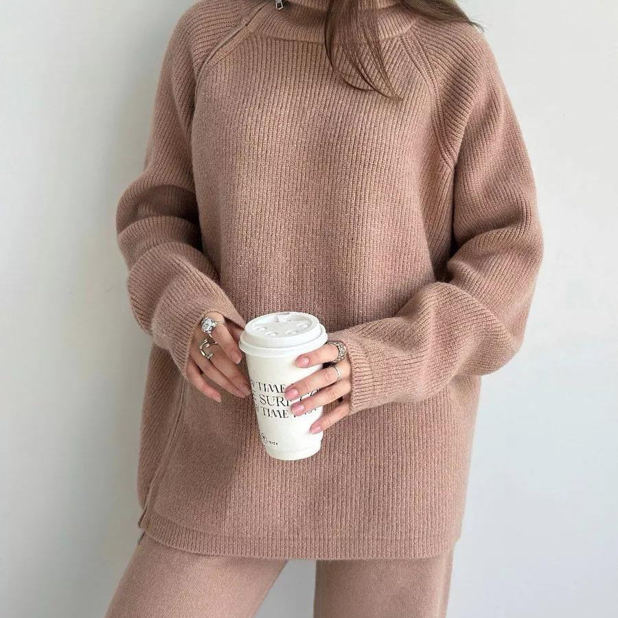 Cozy High Collar Zipper Knitted Sweater Suit for stylish winter fashion and ملابس