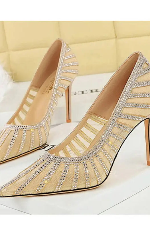 Langry fashion cocktail pointed high heels with gold mesh and rhinestones