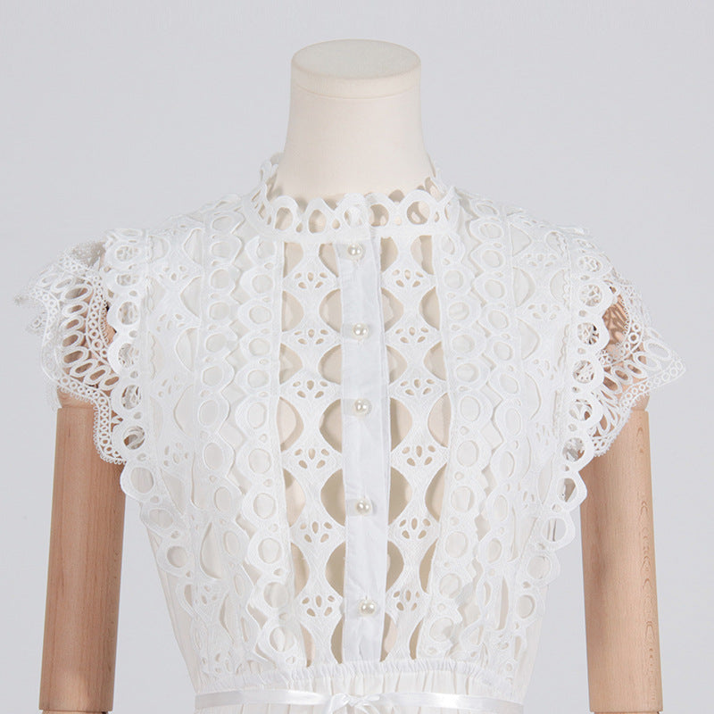 White lace dress bodice with stand collar from the Solid Color Heavy Work Dress collection