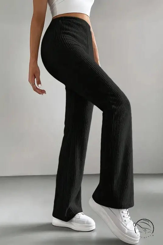 Black ribbed knit flare casual knitted match pants by Langry