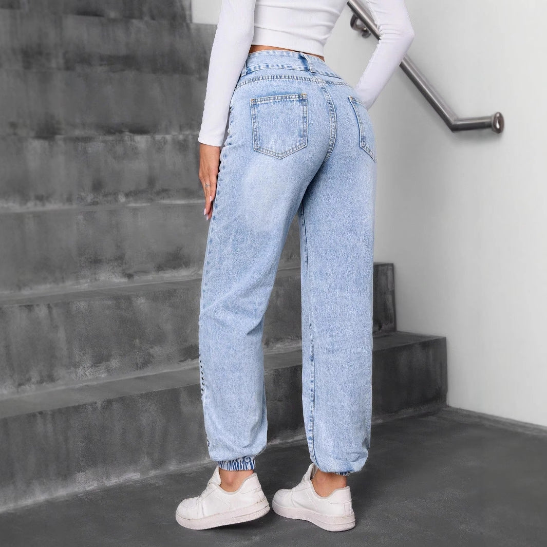 Light-wash blue denim high-waisted jogger jeans with elastic cuffs from Casual All Match Beaded Straight collection