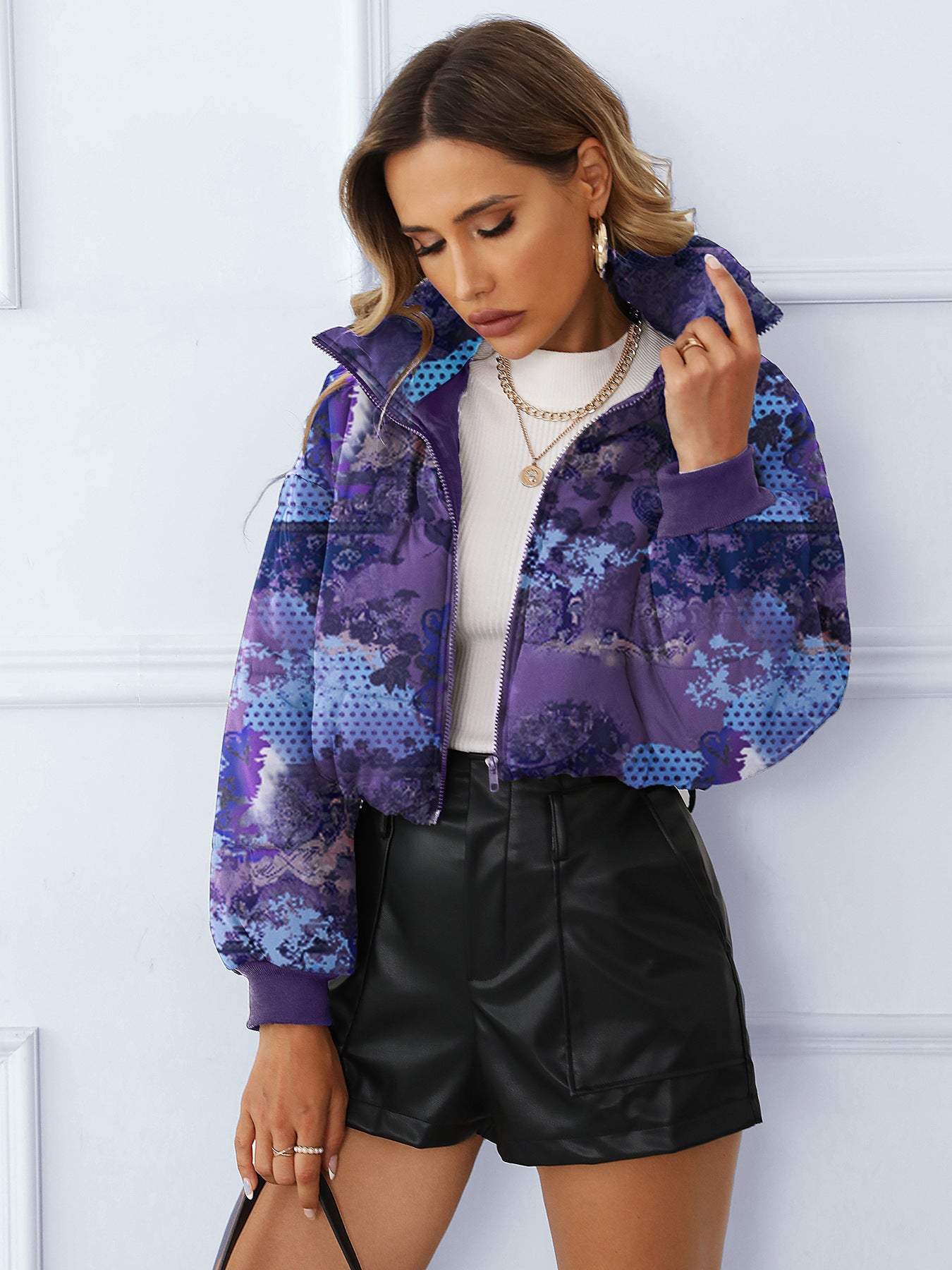 Patterned purple puffer jacket from Elegant Thermal Cotton Padded Coat, stylish fashion ملابس