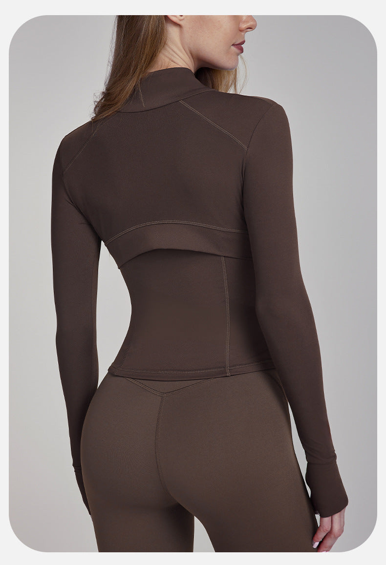 Brown athletic wear set in slim fit breathable yoga jacket for fashionable langry ملابس workout