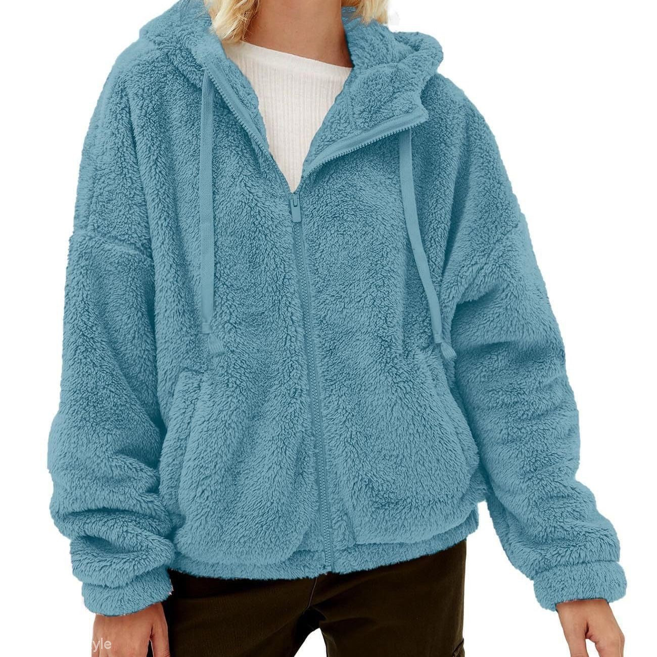 Blue fuzzy hooded zip-up jacket as a cute fleece sweater with long sleeve zipper design
