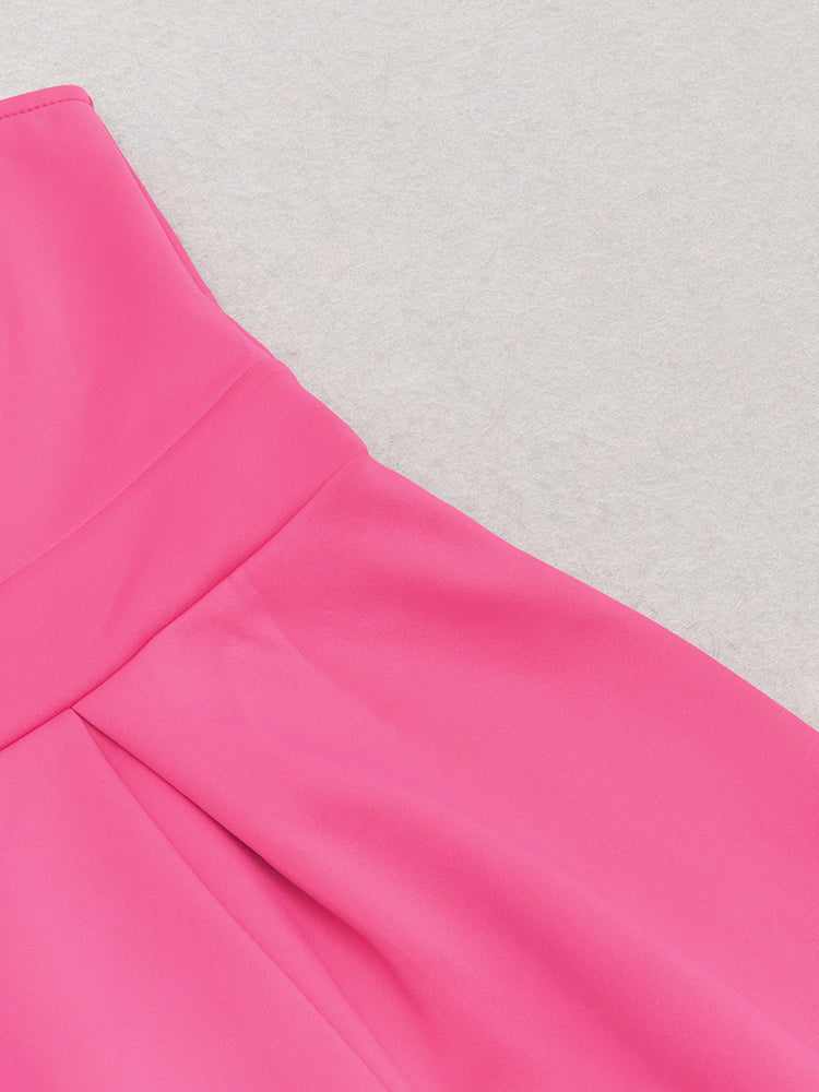Fuchsia pink elegant shoulder ruffled cocktail dress with pleated bodice for stylish occasions