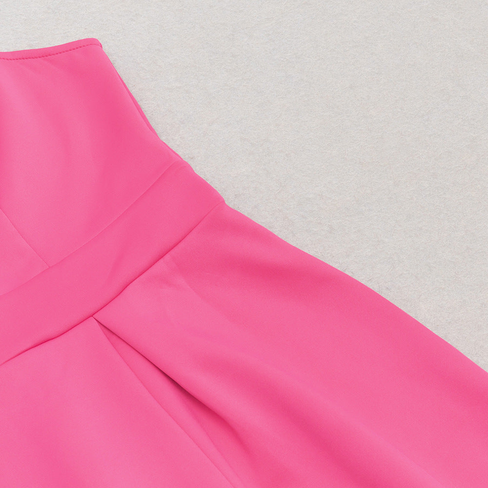 Fuchsia pink elegant shoulder ruffled cocktail dress with pleated bodice for stylish occasions