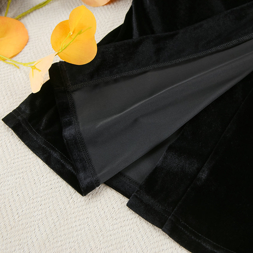 Black velvet dress with side slit and lining, perfect for comfortable cardigan thermal wear