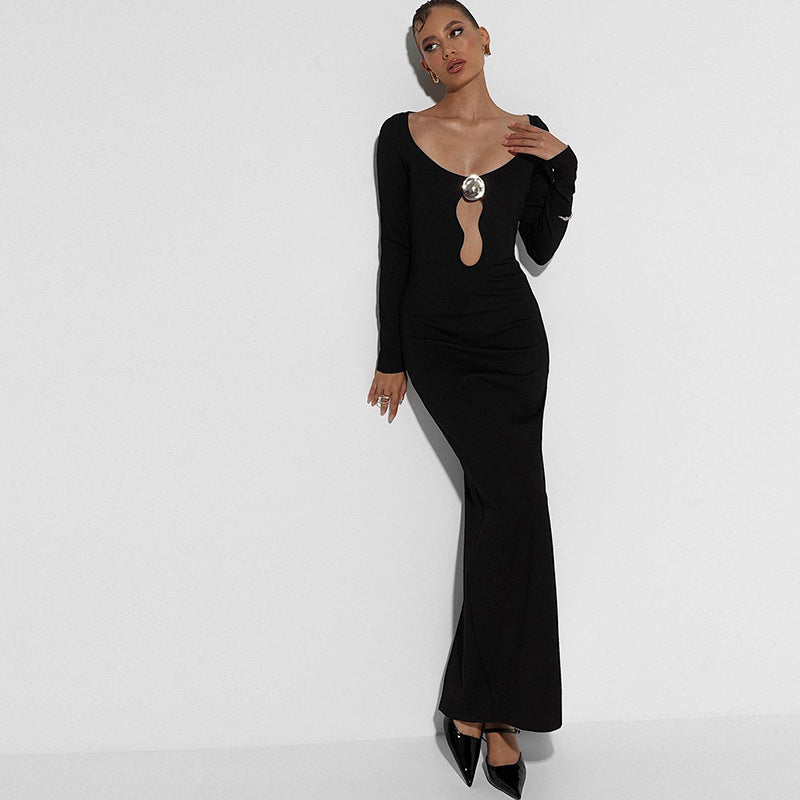 Elegant Slim Sheath Split Dress featuring a long black design with a chest cutout