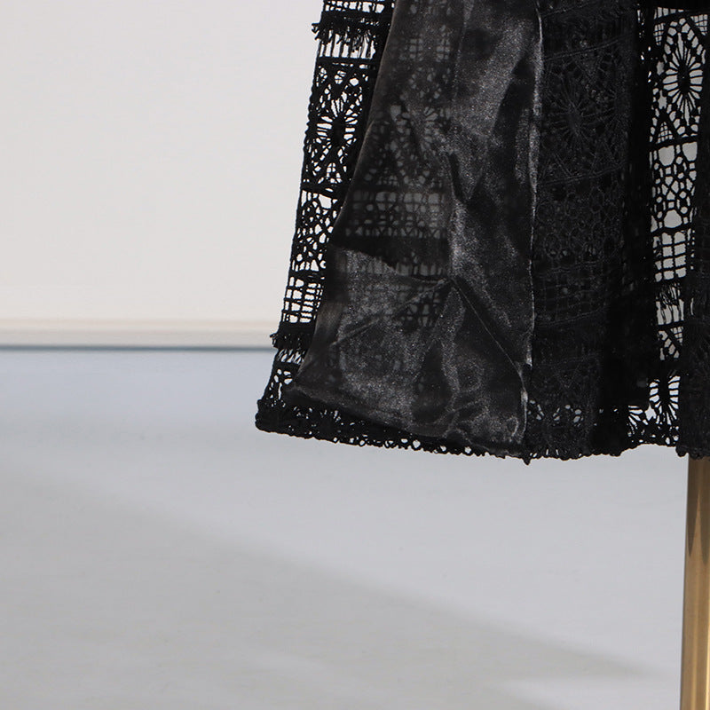 Elegant High Sense Three Dimensional Floral Stitching Design Lantern Sleeve Dress with Black Lace Skirt