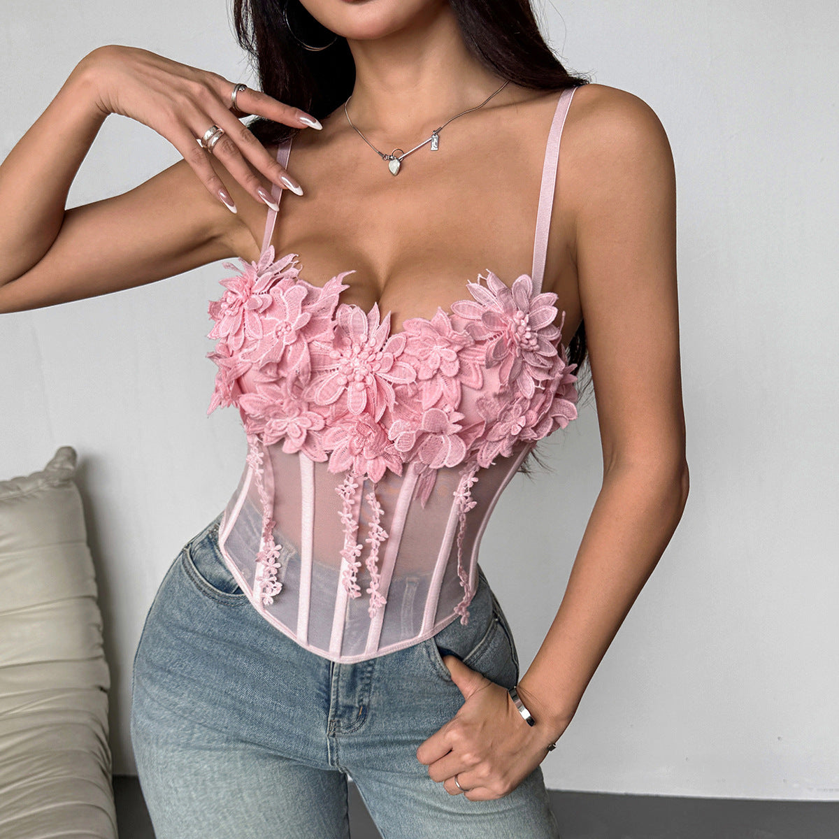 Pink floral lace bodysuit with sheer panels in Langry fashion ملابس