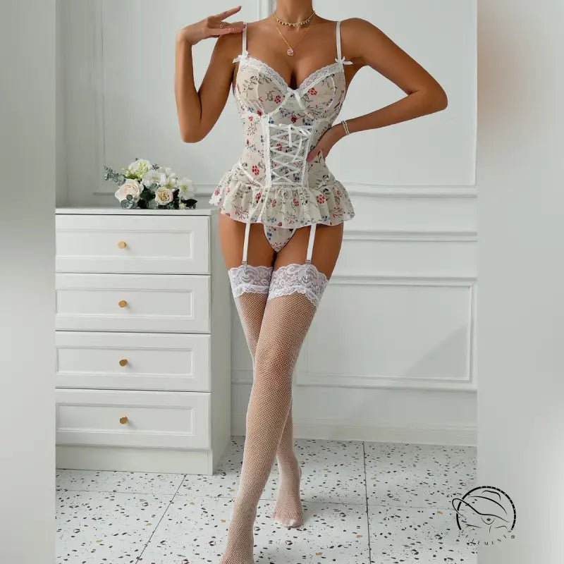 Floral lace stitching three piece set in langry fashion: corset with white lacing, fishnet stockings