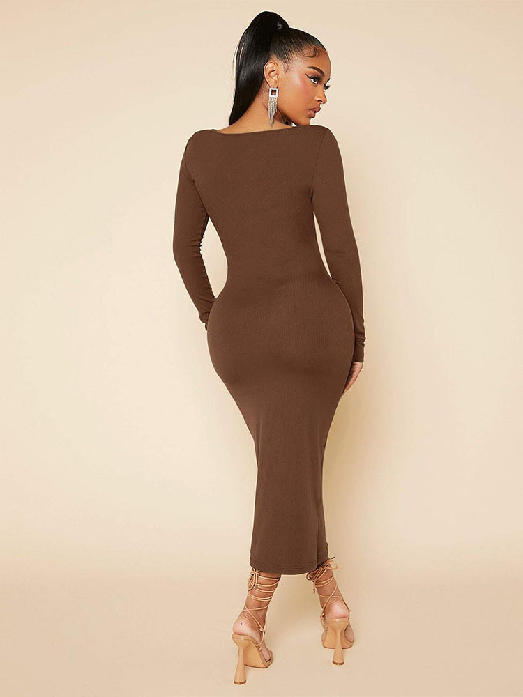 Elegant Graceful Slim Mid Length Dress in brown long-sleeved fashion ملابس for everyday style