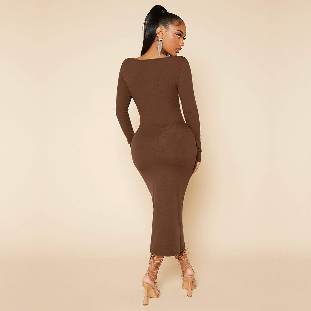 Elegant Graceful Slim Mid Length Dress in brown long-sleeved fashion ملابس for everyday style