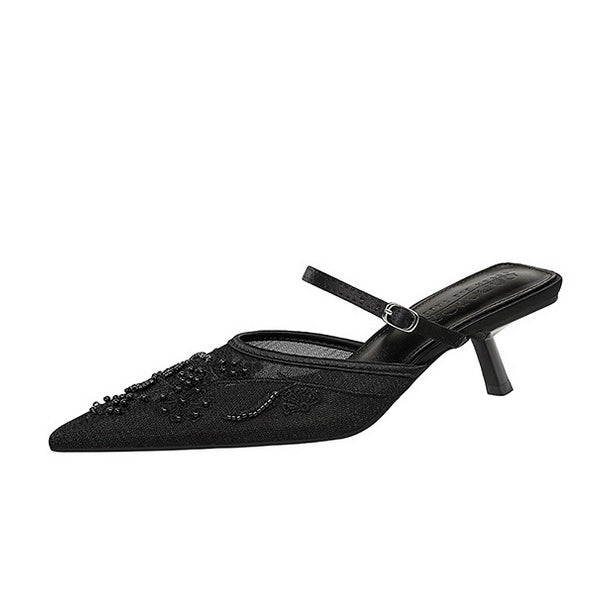 Langry black suede kitten heel mule with beaded ankle strap fashion