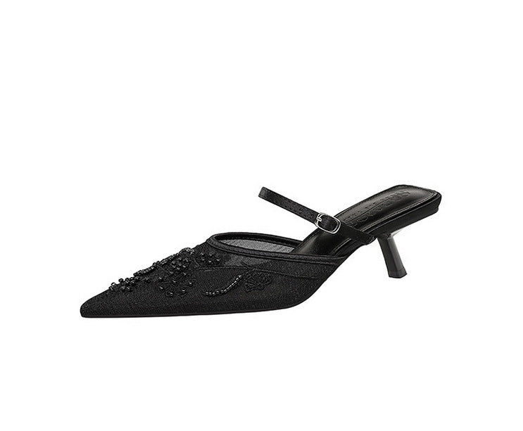 Langry black suede kitten heel mule with beaded ankle strap fashion