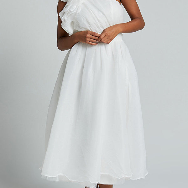 Elegant one-shoulder white midi dress with ruffled detail, a stunning fashion choice