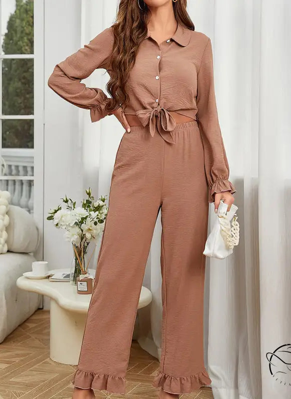 Women’s long sleeve ruffled cardigan blouse with tie-front pants