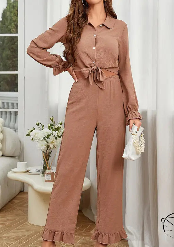 Women’s long sleeve ruffled cardigan blouse with tie-front pants