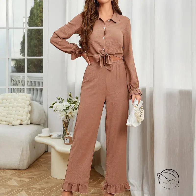 Women’s long sleeve ruffled cardigan blouse with tie-front pants