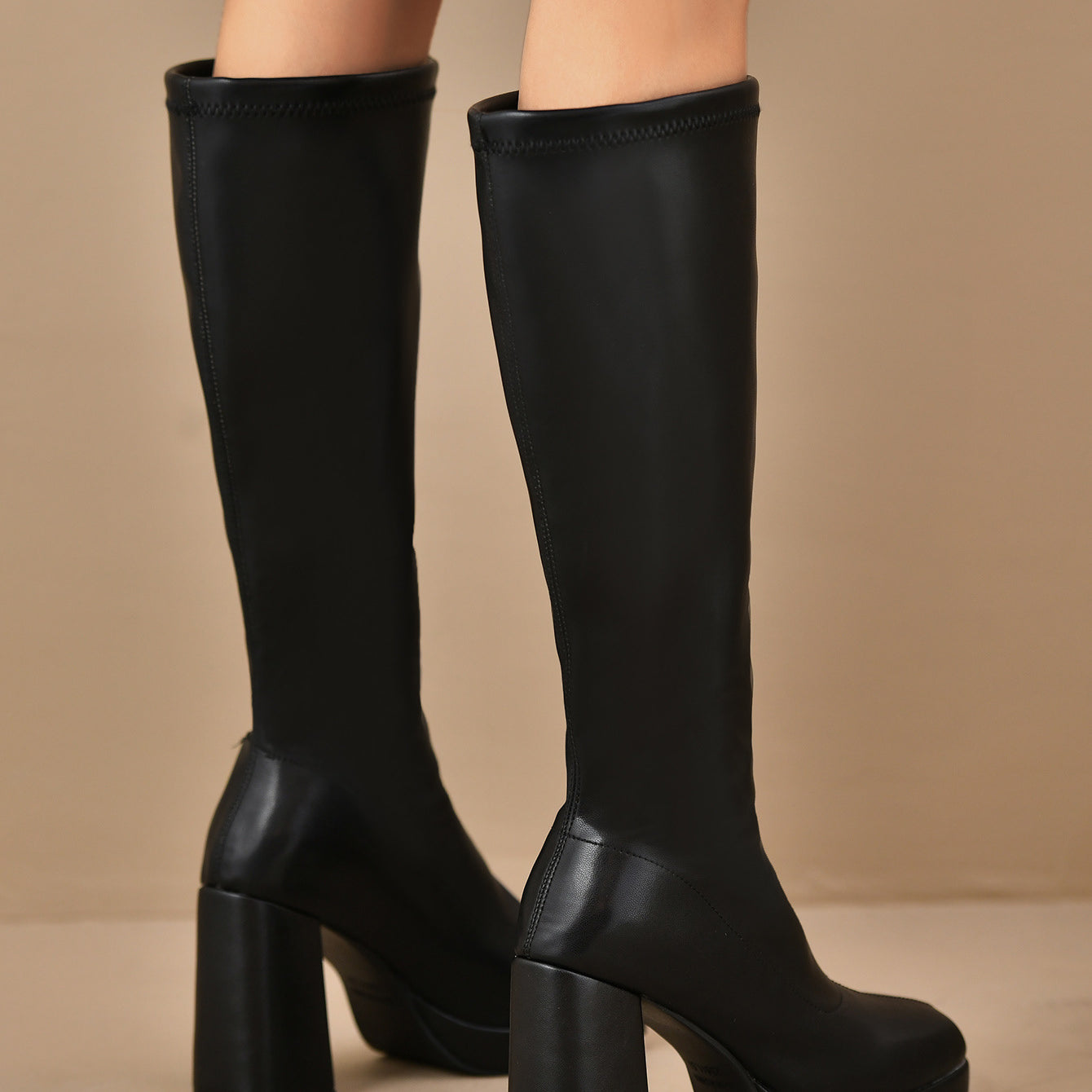 Leather Slimming Chunky Heel Below the Knee Knight Boots