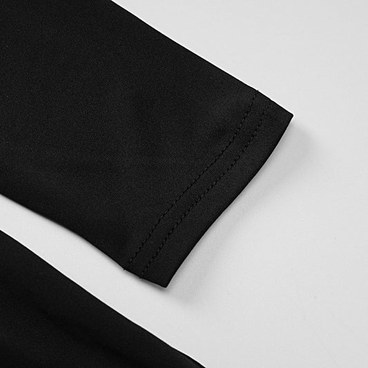 Black fabric sleeve of the Backless Long Sleeves Bell Bottom Pants Slim Fit Jumpsuit