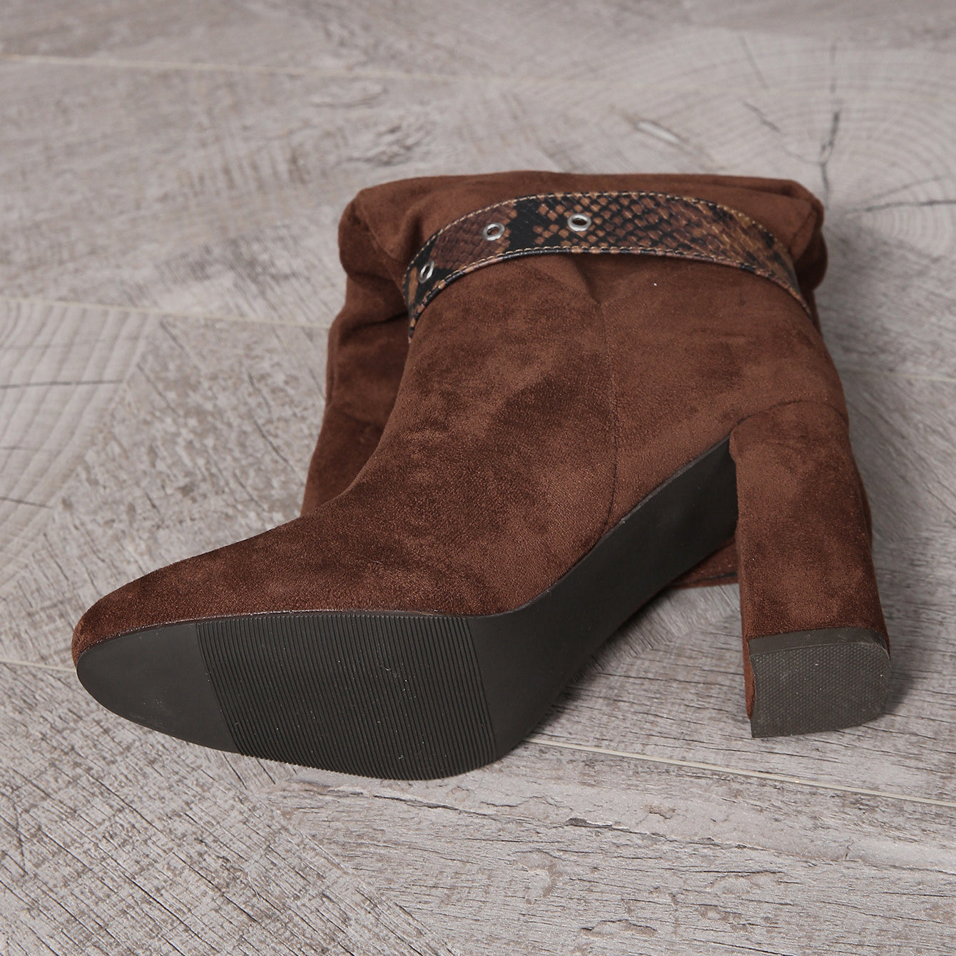 Brown suede ankle boot with strap and chunky heel from Langry fashion ملابس collection