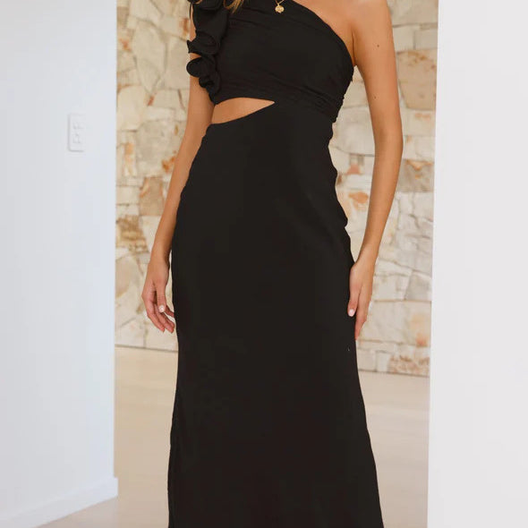 Black one-shoulder midi dress with ruffle and side cutout, perfect for stunning fashion