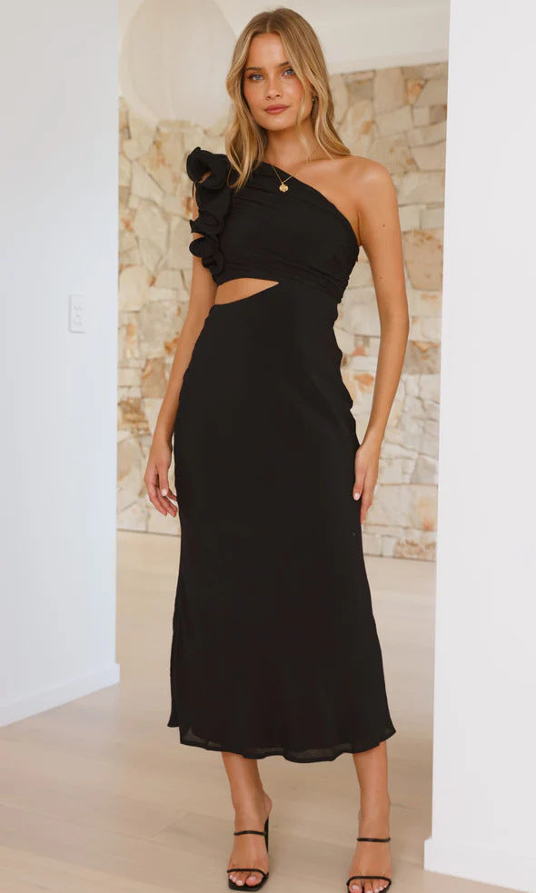 Black one-shoulder midi dress with ruffle and side cutout, perfect for stunning fashion