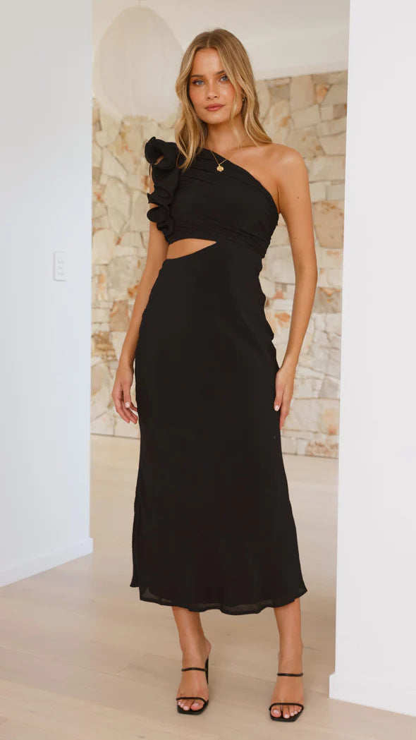 Black one-shoulder midi dress with ruffle and side cutout, perfect for stunning fashion