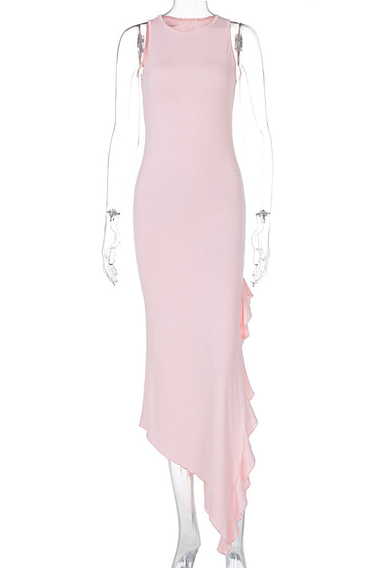 Sleeveless pink dress with asymmetrical hemline, a stylish choice in ملابس fashion