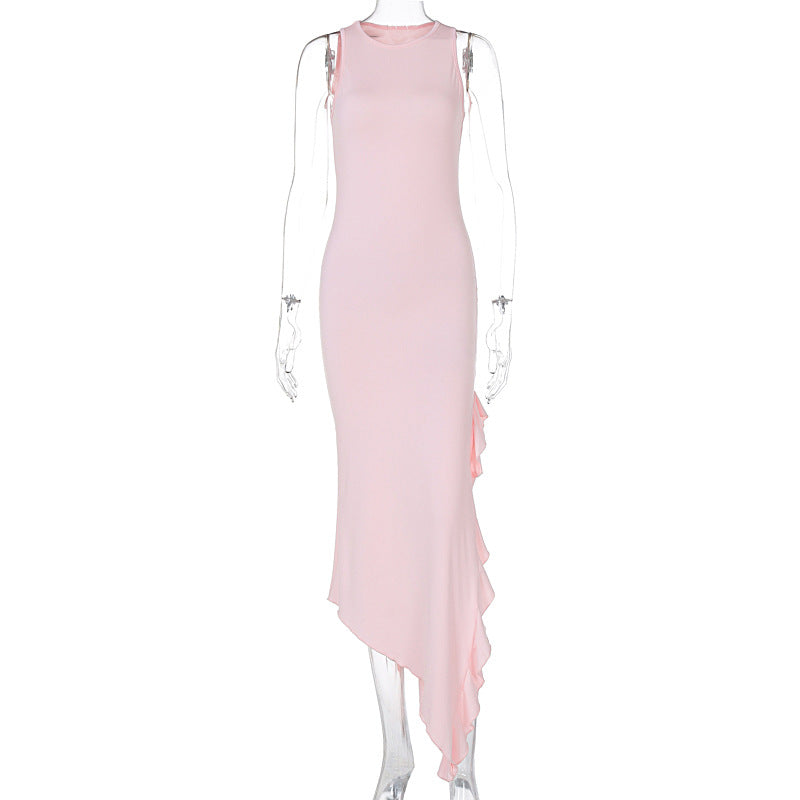 Sleeveless pink dress with asymmetrical hemline, a stylish choice in ملابس fashion