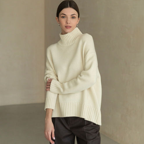 Langry cream turtleneck sweater with balloon sleeves, ribbed knit, winter fashion