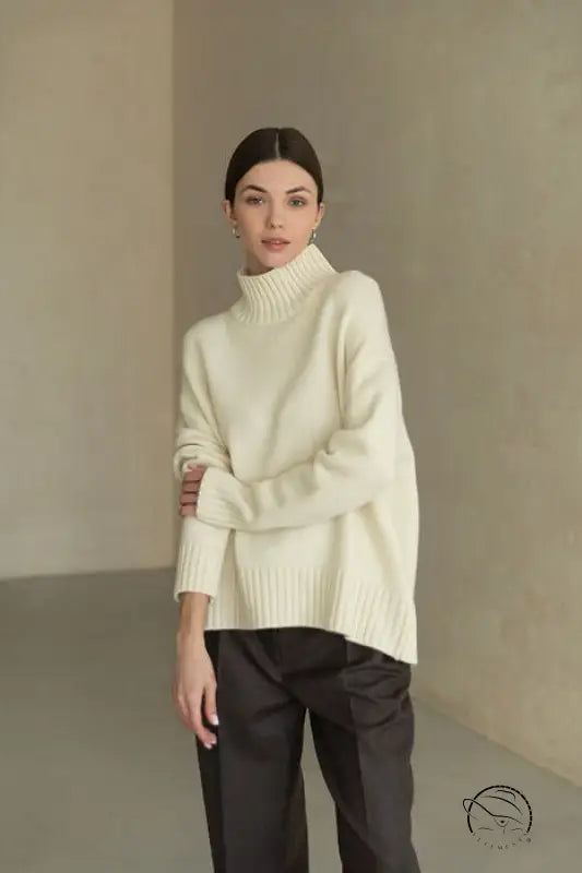 Cream-colored Langry fashion turtleneck sweater with balloon sleeves