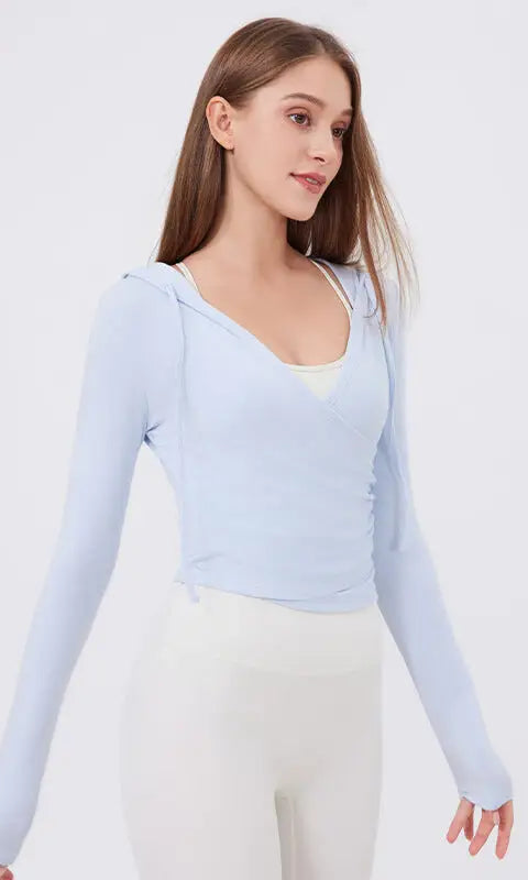 Slim fit slimming light blue long-sleeved v-neck hoodie with waist ruching