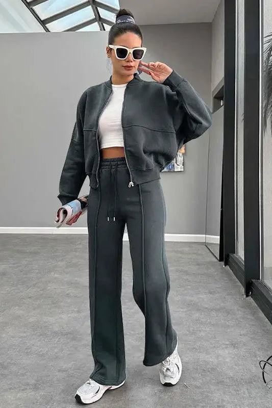 Winter Fur Zipper Cardigan Casual Straight Pants Two Piece Sets