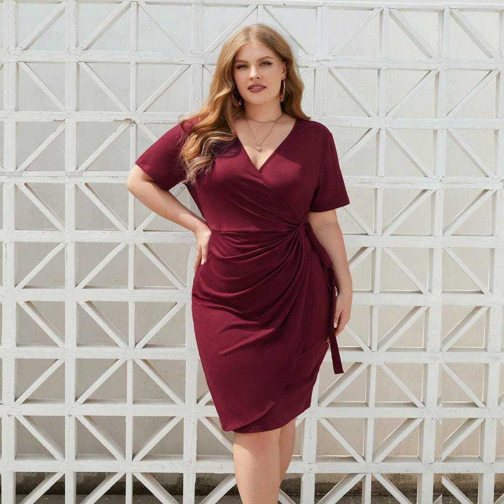 Elegant Burgundy wrap dress with V neck and pleats, perfect for fashionable ملابس